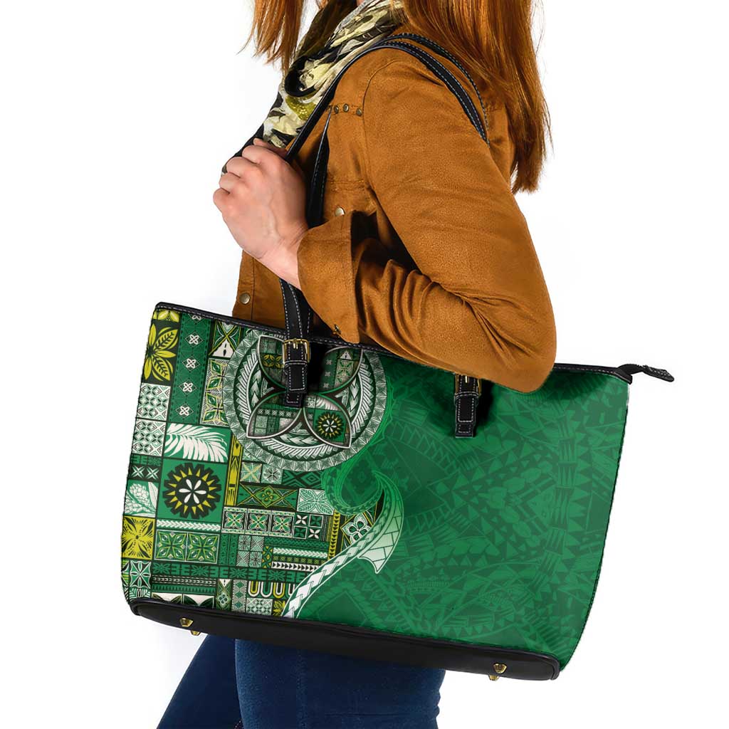 Samoan Siapo Art Tattoo Polynesian Pattern Leather Tote Bag Green Color - Polynesian Pride
