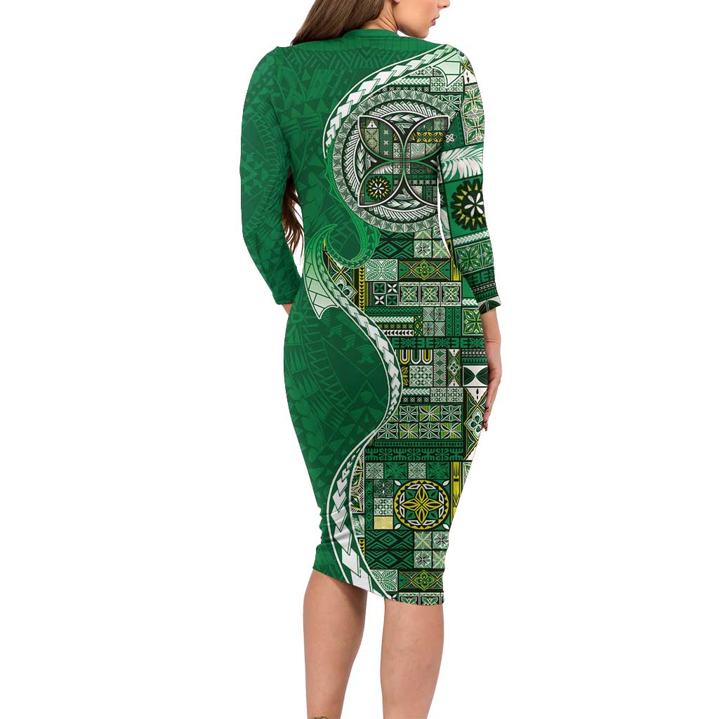 Samoan Siapo Art Tattoo Polynesian Pattern Long Sleeve Bodycon Dress Green Color - Polynesian Pride