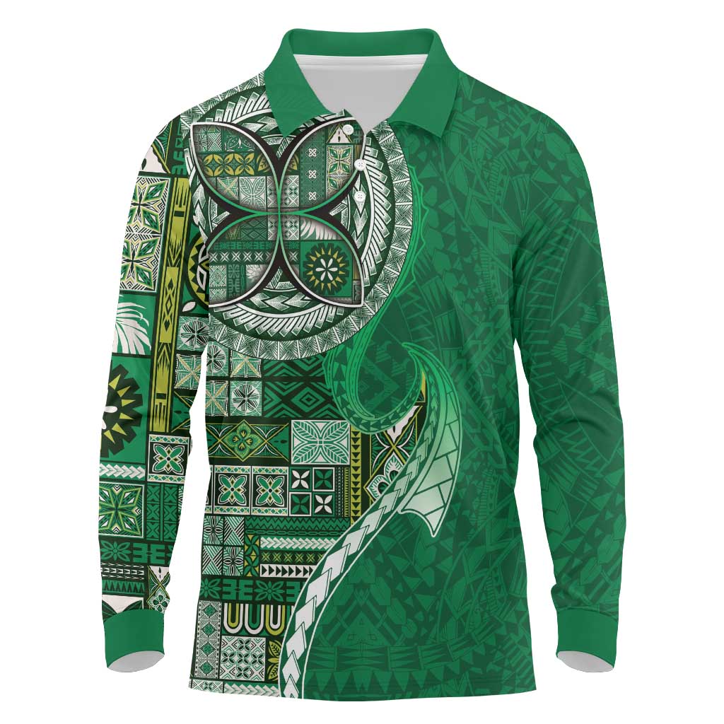 Samoan Siapo Art Tattoo Polynesian Pattern Long Sleeve Polo Shirt Green Color - Polynesian Pride