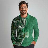 Samoan Siapo Art Tattoo Polynesian Pattern Long Sleeve Polo Shirt Green Color - Polynesian Pride