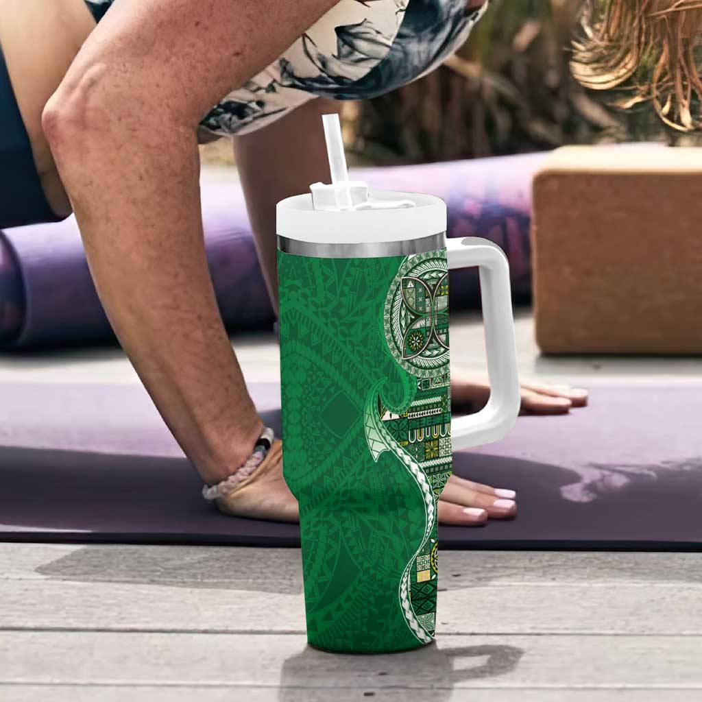 Samoan Siapo Art Tattoo Polynesian Pattern Tumbler With Handle Green Color - Polynesian Pride
