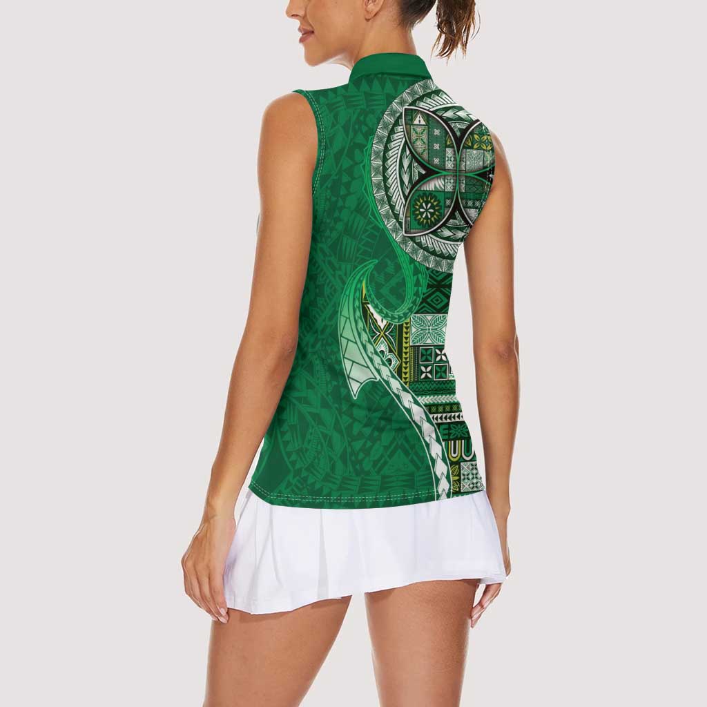 Samoan Siapo Art Tattoo Polynesian Pattern Women Sleeveless Polo Shirt Green Color - Polynesian Pride