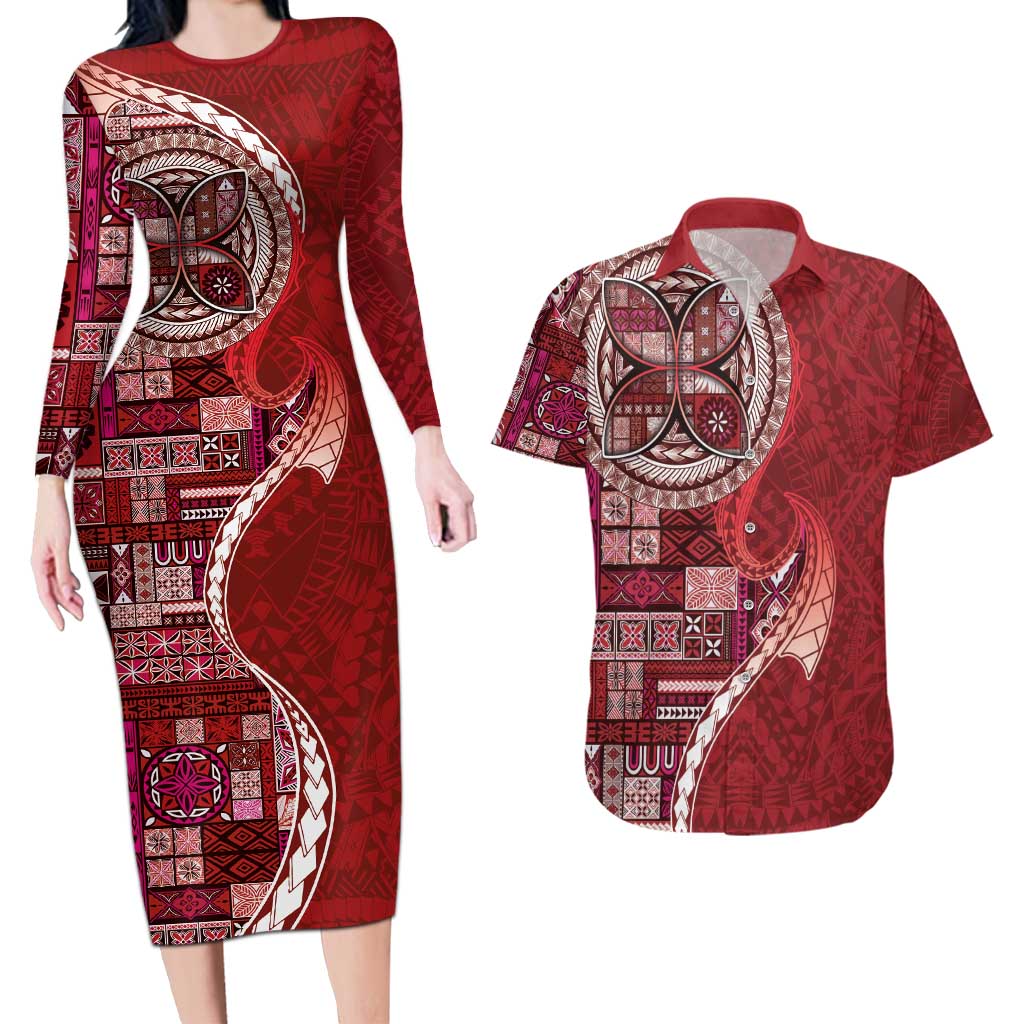 Samoan Siapo Art Tattoo Polynesian Pattern Couples Matching Long Sleeve Bodycon Dress and Hawaiian Shirt Red Color LT03 Red - Polynesian Pride