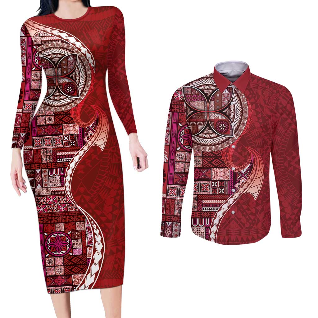 Samoan Siapo Art Tattoo Polynesian Pattern Couples Matching Long Sleeve Bodycon Dress and Long Sleeve Button Shirt Red Color LT03 Red - Polynesian Pride