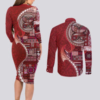 Samoan Siapo Art Tattoo Polynesian Pattern Couples Matching Long Sleeve Bodycon Dress and Long Sleeve Button Shirt Red Color LT03 - Polynesian Pride