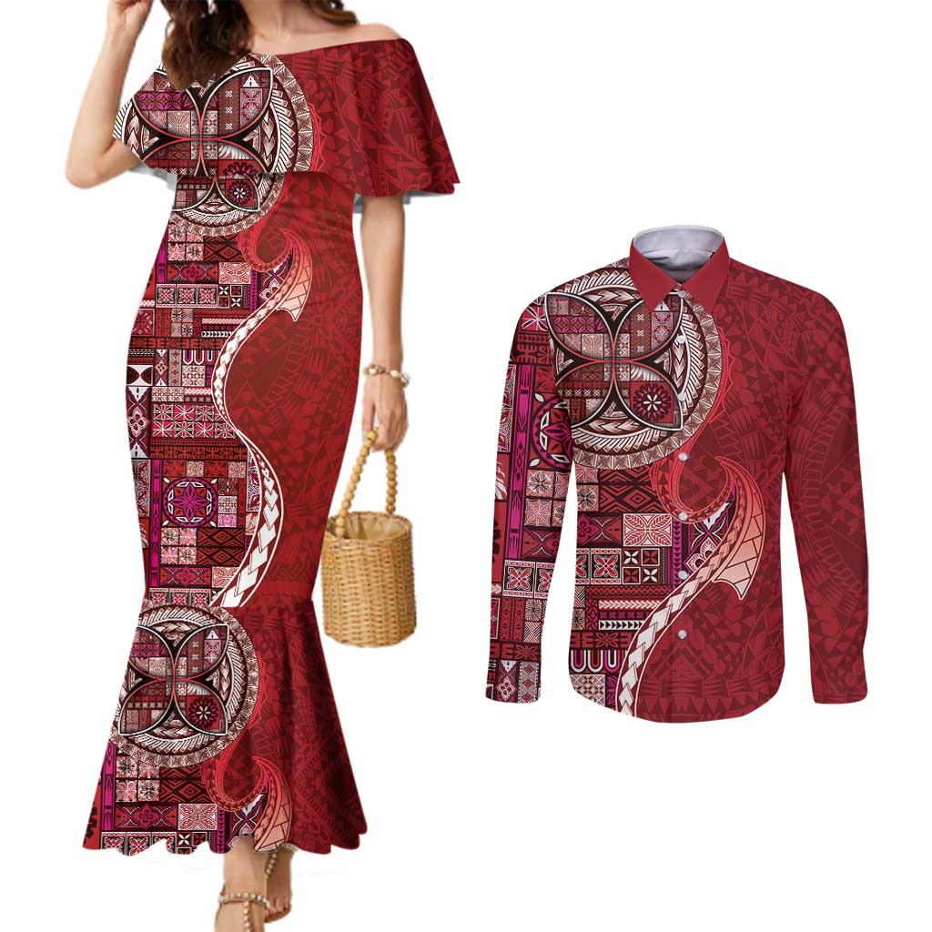 Samoan Siapo Art Tattoo Polynesian Pattern Couples Matching Mermaid Dress and Long Sleeve Button Shirt Red Color LT03 Red - Polynesian Pride