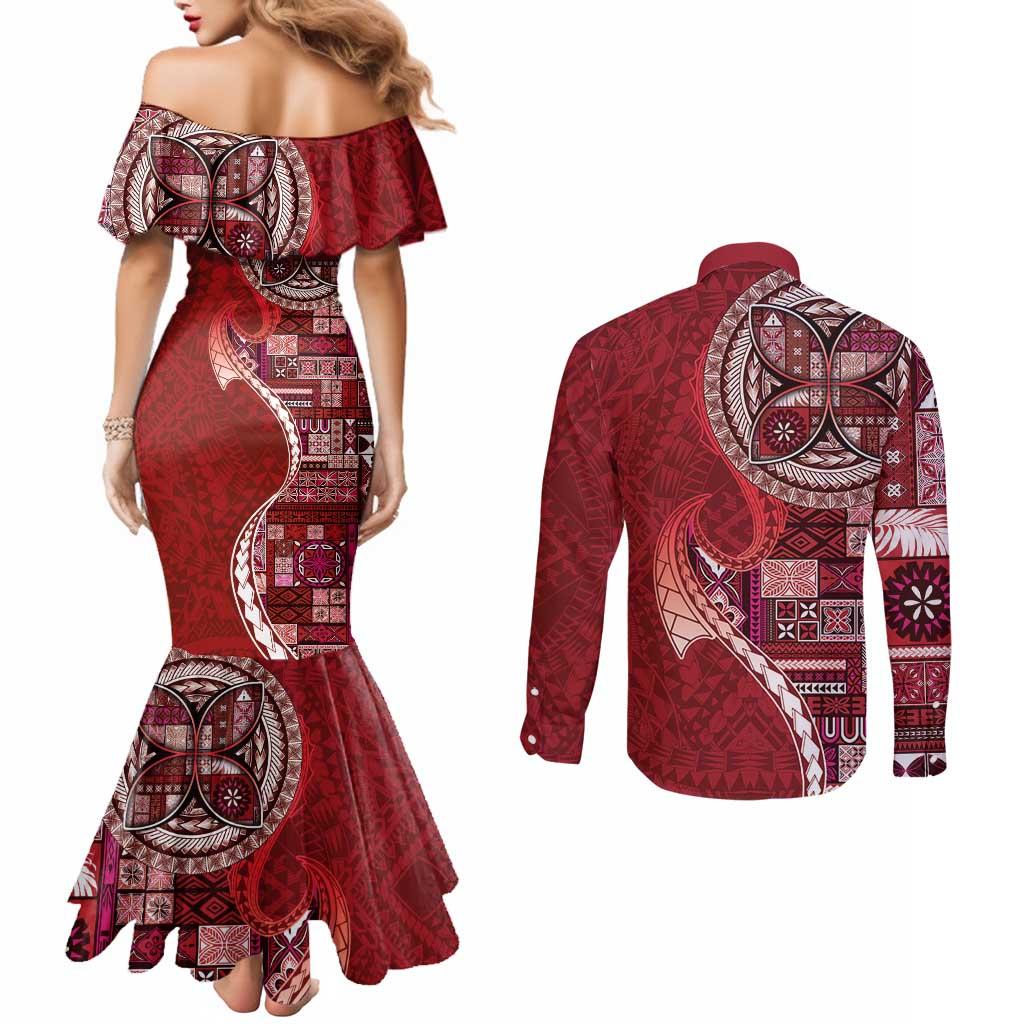 Samoan Siapo Art Tattoo Polynesian Pattern Couples Matching Mermaid Dress and Long Sleeve Button Shirt Red Color LT03 - Polynesian Pride