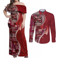 Samoan Siapo Art Tattoo Polynesian Pattern Couples Matching Off Shoulder Maxi Dress and Long Sleeve Button Shirt Red Color LT03 Red - Polynesian Pride