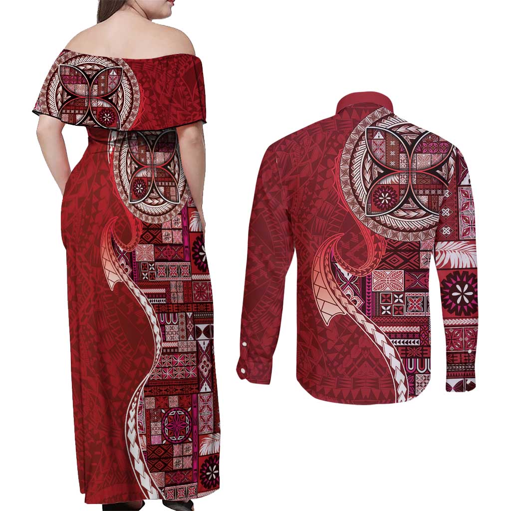Samoan Siapo Art Tattoo Polynesian Pattern Couples Matching Off Shoulder Maxi Dress and Long Sleeve Button Shirt Red Color LT03 - Polynesian Pride