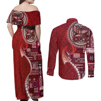 Samoan Siapo Art Tattoo Polynesian Pattern Couples Matching Off Shoulder Maxi Dress and Long Sleeve Button Shirt Red Color LT03 - Polynesian Pride