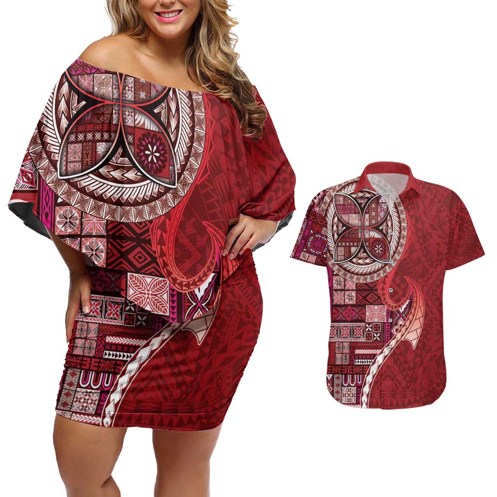 Samoan Siapo Art Tattoo Polynesian Pattern Couples Matching Off Shoulder Short Dress and Hawaiian Shirt Red Color LT03 Red - Polynesian Pride