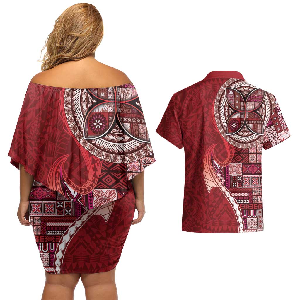 Samoan Siapo Art Tattoo Polynesian Pattern Couples Matching Off Shoulder Short Dress and Hawaiian Shirt Red Color LT03 - Polynesian Pride