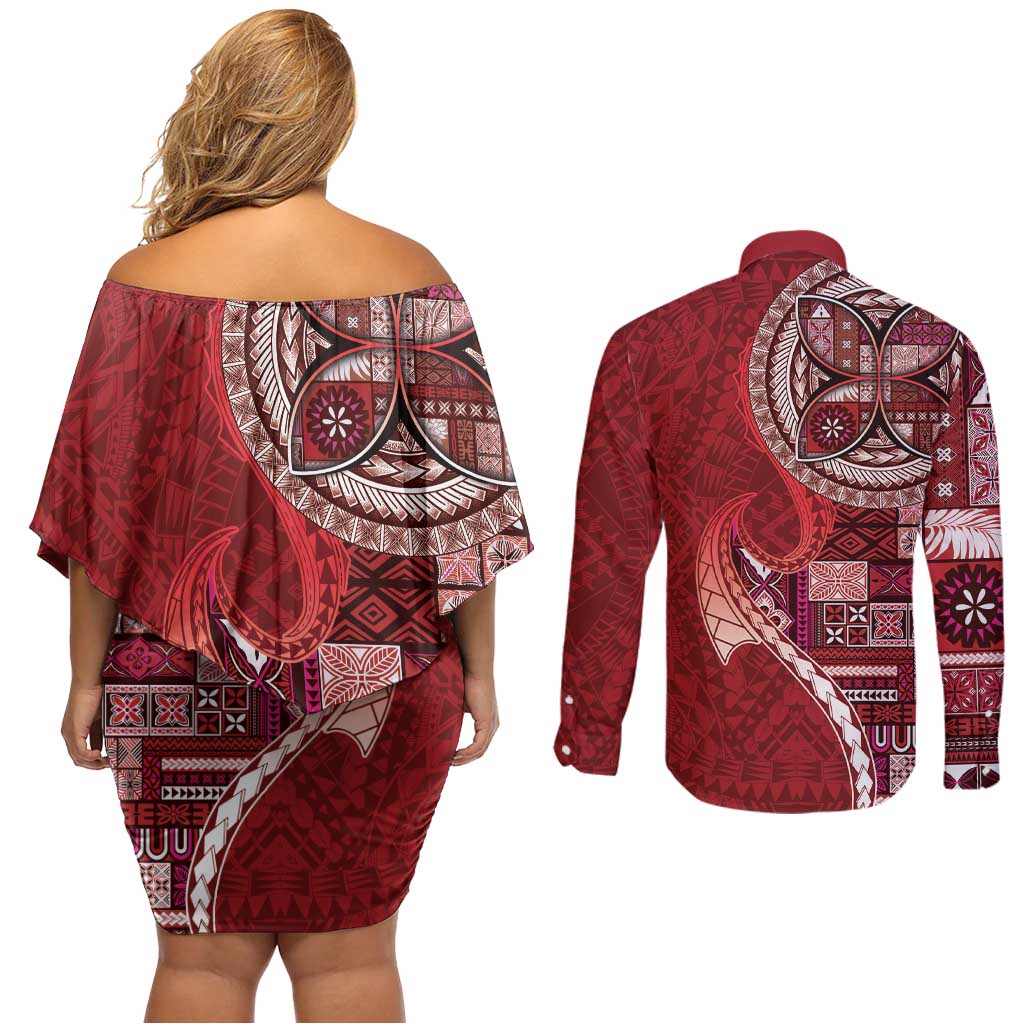 Samoan Siapo Art Tattoo Polynesian Pattern Couples Matching Off Shoulder Short Dress and Long Sleeve Button Shirt Red Color LT03 - Polynesian Pride