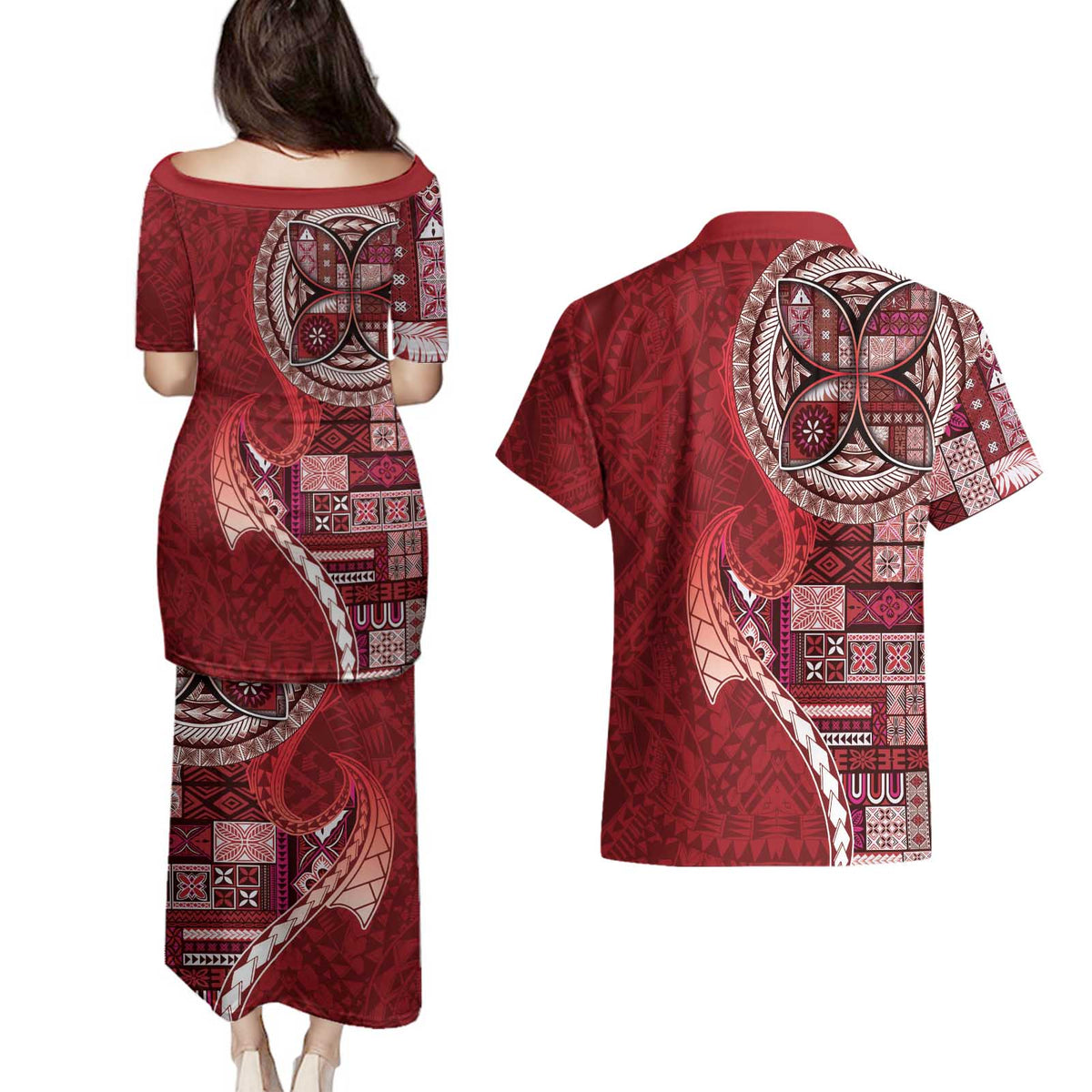 Samoan Siapo Art Tattoo Polynesian Pattern Couples Matching Puletasi and Hawaiian Shirt Red Color LT03 - Polynesian Pride