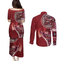 Samoan Siapo Art Tattoo Polynesian Pattern Couples Matching Puletasi and Long Sleeve Button Shirt Red Color LT03 - Polynesian Pride