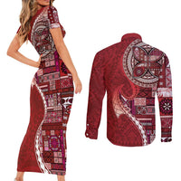 Samoan Siapo Art Tattoo Polynesian Pattern Couples Matching Short Sleeve Bodycon Dress and Long Sleeve Button Shirt Red Color LT03 - Polynesian Pride