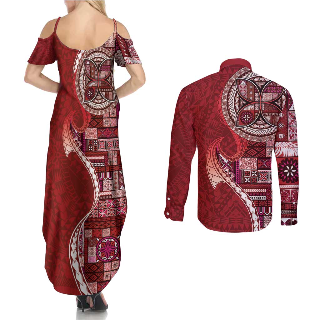 Samoan Siapo Art Tattoo Polynesian Pattern Couples Matching Summer Maxi Dress and Long Sleeve Button Shirt Red Color LT03 - Polynesian Pride