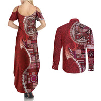Samoan Siapo Art Tattoo Polynesian Pattern Couples Matching Summer Maxi Dress and Long Sleeve Button Shirt Red Color LT03 - Polynesian Pride