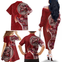 Samoan Siapo Art Tattoo Polynesian Pattern Family Matching Off The Shoulder Long Sleeve Dress and Hawaiian Shirt Red Color - Polynesian Pride