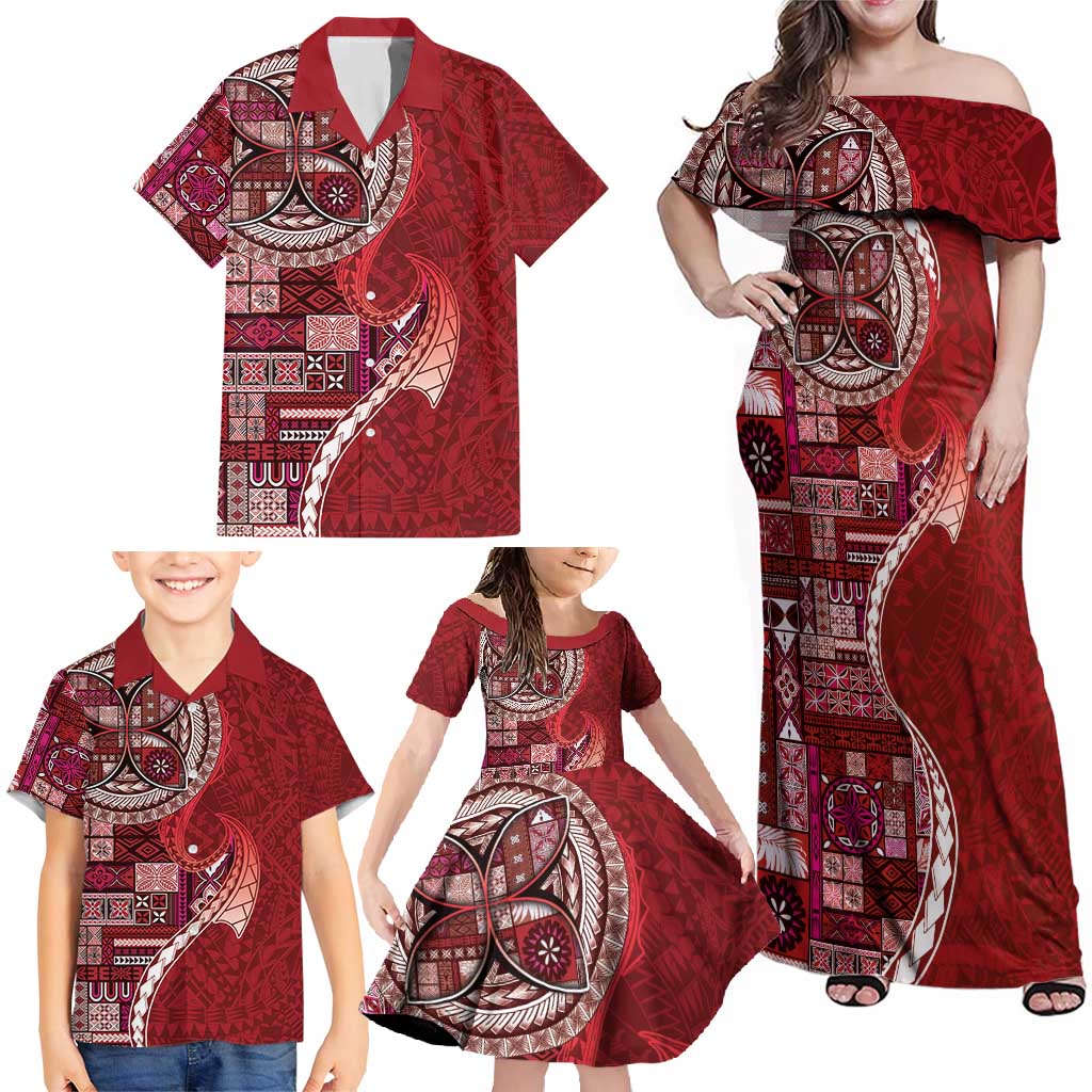Samoan Siapo Art Tattoo Polynesian Pattern Family Matching Off Shoulder Maxi Dress and Hawaiian Shirt Red Color - Polynesian Pride