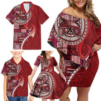 Samoan Siapo Art Tattoo Polynesian Pattern Family Matching Off Shoulder Short Dress and Hawaiian Shirt Red Color - Polynesian Pride