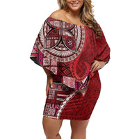 Samoan Siapo Art Tattoo Polynesian Pattern Family Matching Off Shoulder Short Dress and Hawaiian Shirt Red Color - Polynesian Pride