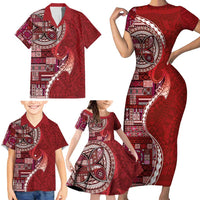 Samoan Siapo Art Tattoo Polynesian Pattern Family Matching Short Sleeve Bodycon Dress and Hawaiian Shirt Red Color - Polynesian Pride