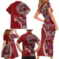 Samoan Siapo Art Tattoo Polynesian Pattern Family Matching Short Sleeve Bodycon Dress and Hawaiian Shirt Red Color - Polynesian Pride