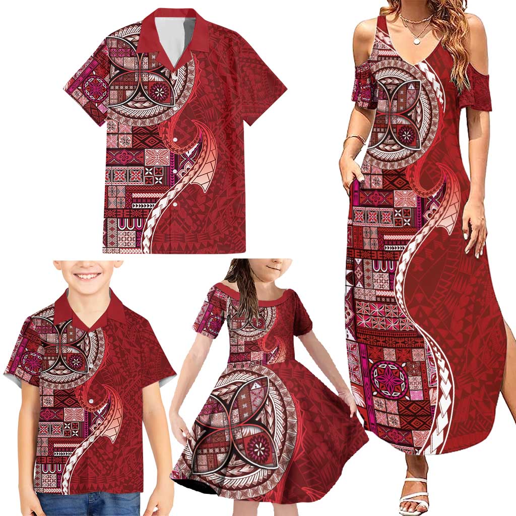 Samoan Siapo Art Tattoo Polynesian Pattern Family Matching Summer Maxi Dress and Hawaiian Shirt Red Color - Polynesian Pride