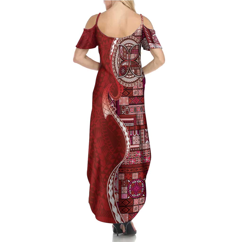 Samoan Siapo Art Tattoo Polynesian Pattern Family Matching Summer Maxi Dress and Hawaiian Shirt Red Color - Polynesian Pride