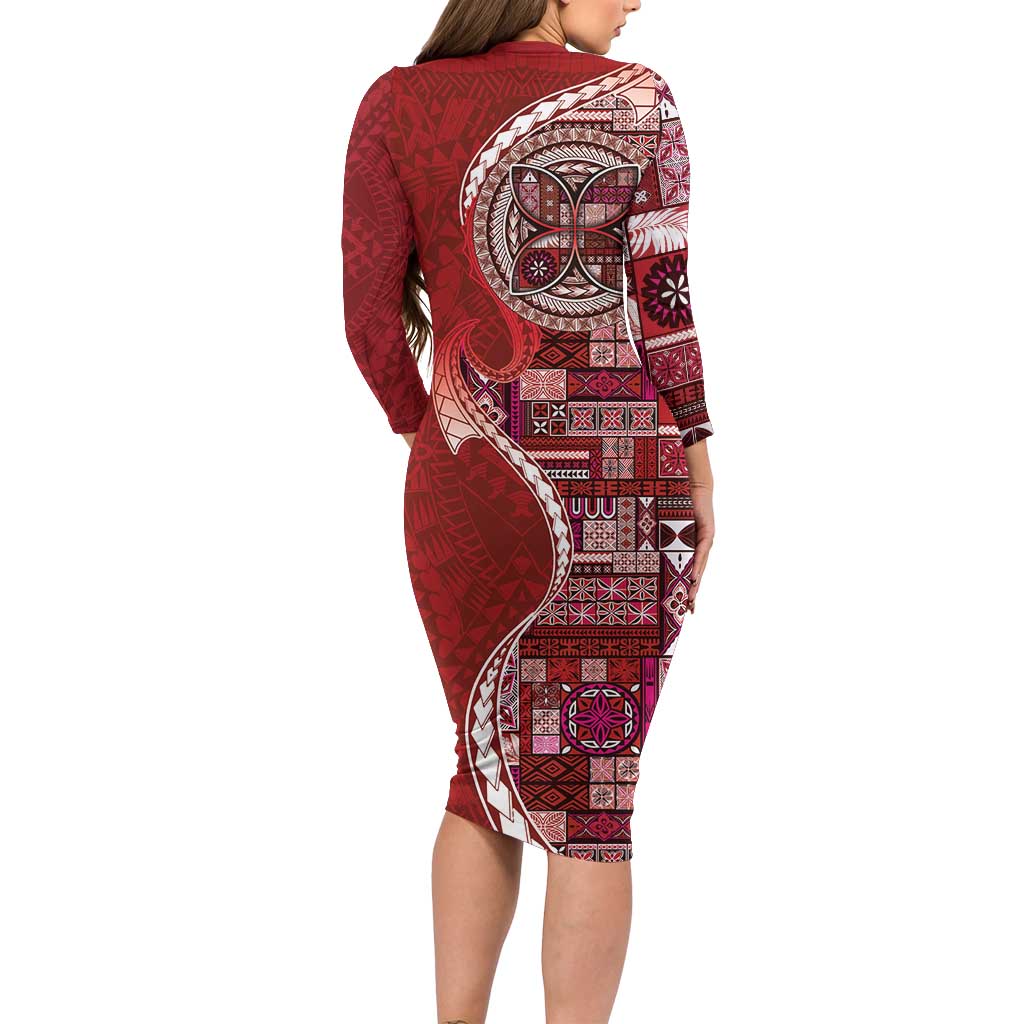 Samoan Siapo Art Tattoo Polynesian Pattern Long Sleeve Bodycon Dress Red Color - Polynesian Pride