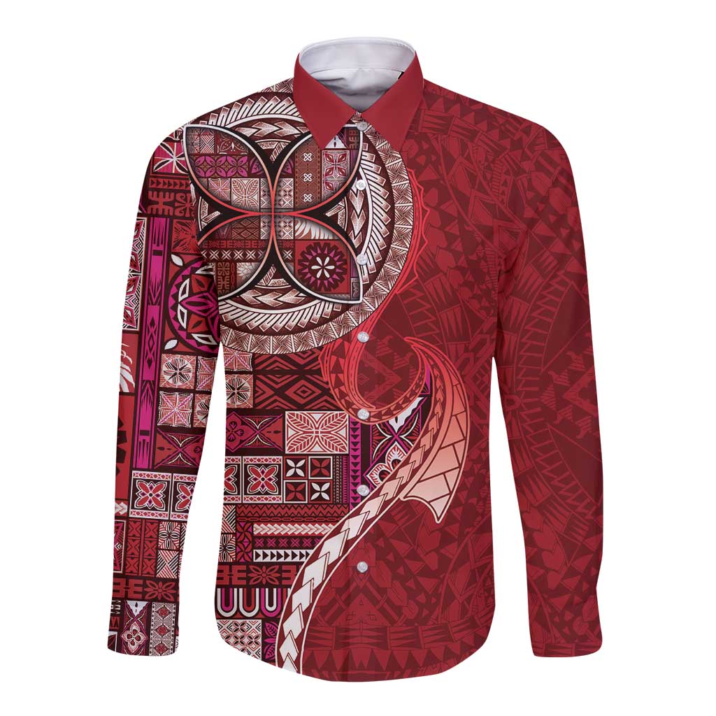 Samoan Siapo Art Tattoo Polynesian Pattern Long Sleeve Button Shirt Red Color LT03 Unisex Red - Polynesian Pride