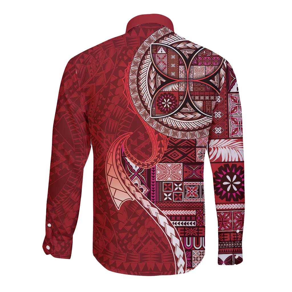 Samoan Siapo Art Tattoo Polynesian Pattern Long Sleeve Button Shirt Red Color LT03 - Polynesian Pride