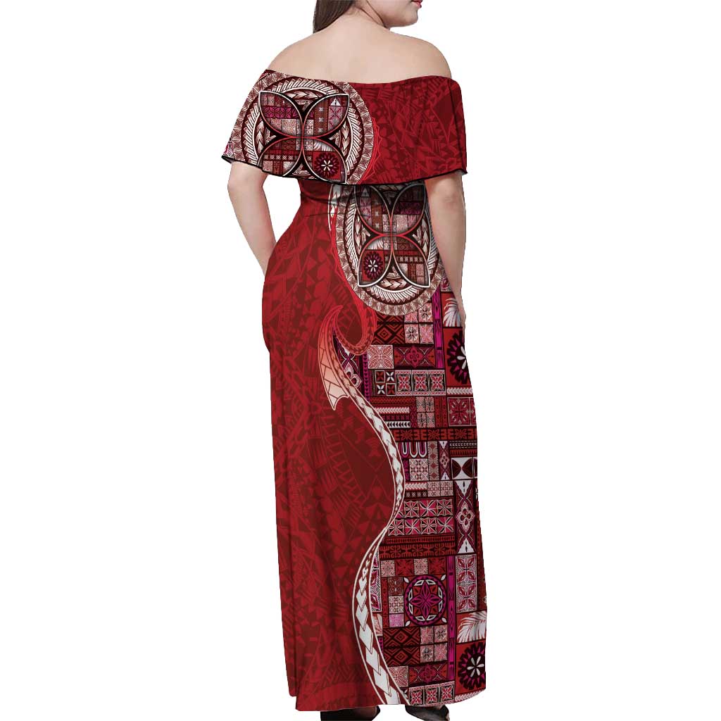 Samoan Siapo Art Tattoo Polynesian Pattern Off Shoulder Maxi Dress Red Color - Polynesian Pride
