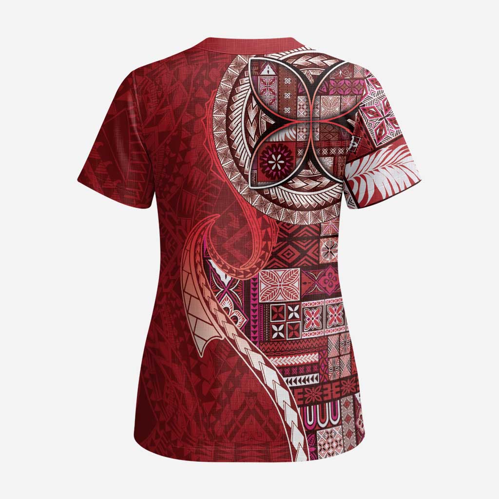 Samoan Siapo Art Tattoo Polynesian Pattern Scrub Top Red Color LT03 - Polynesian Pride