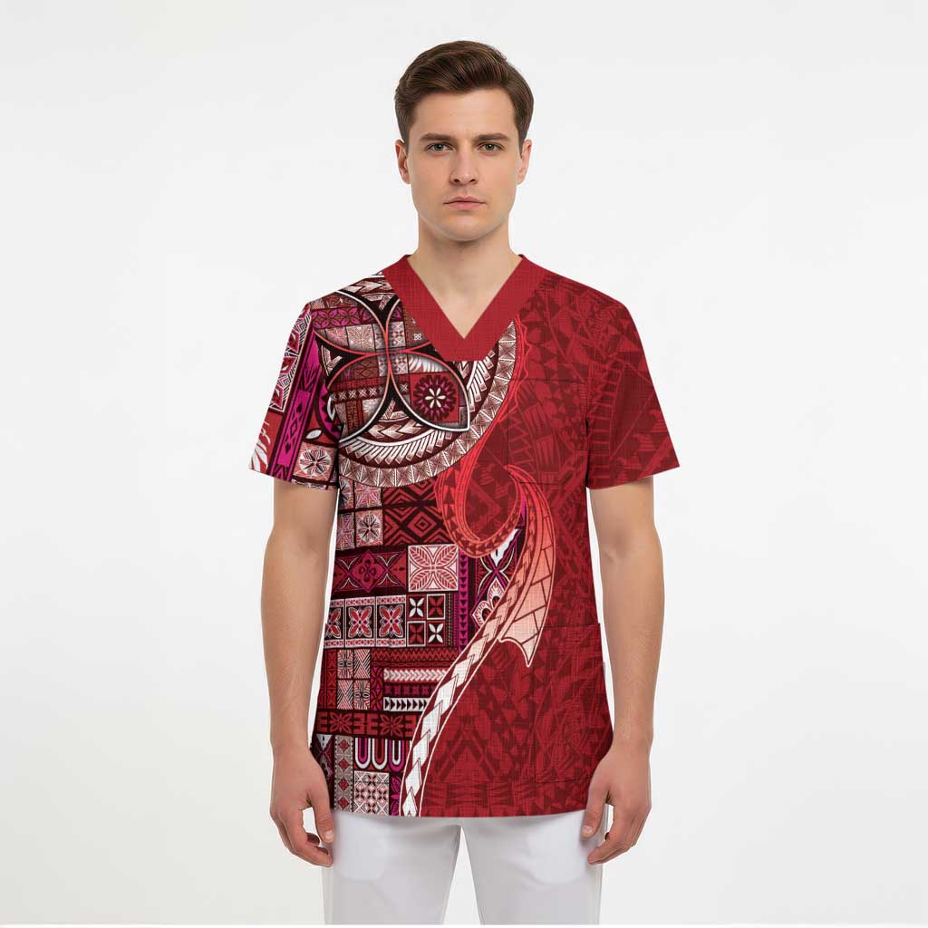 Samoan Siapo Art Tattoo Polynesian Pattern Scrub Top Red Color LT03 - Polynesian Pride