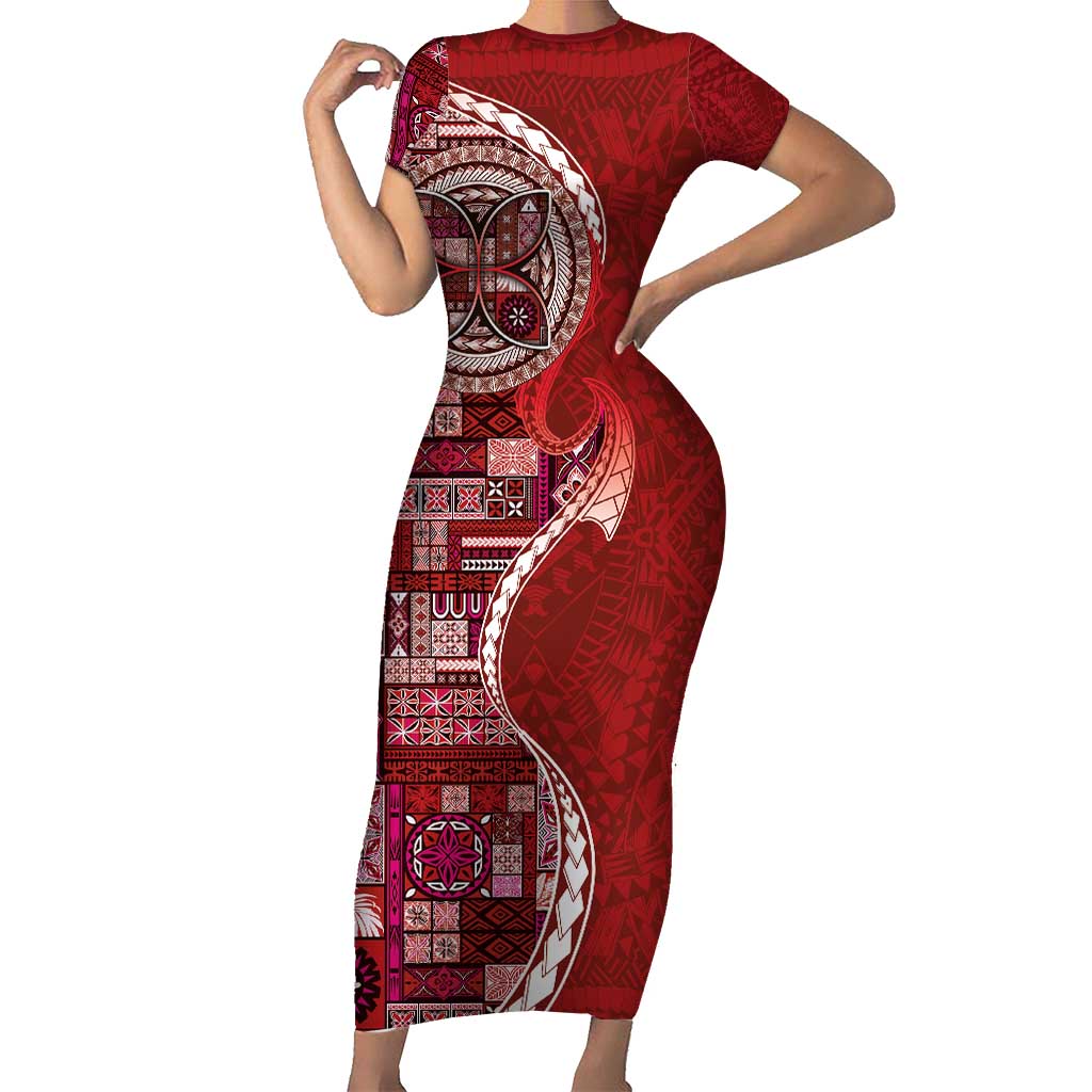 Samoan Siapo Art Tattoo Polynesian Pattern Short Sleeve Bodycon Dress Red Color - Polynesian Pride
