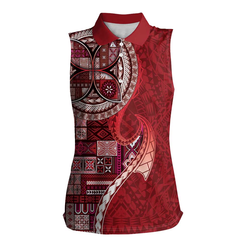 Samoan Siapo Art Tattoo Polynesian Pattern Women Sleeveless Polo Shirt Red Color - Polynesian Pride