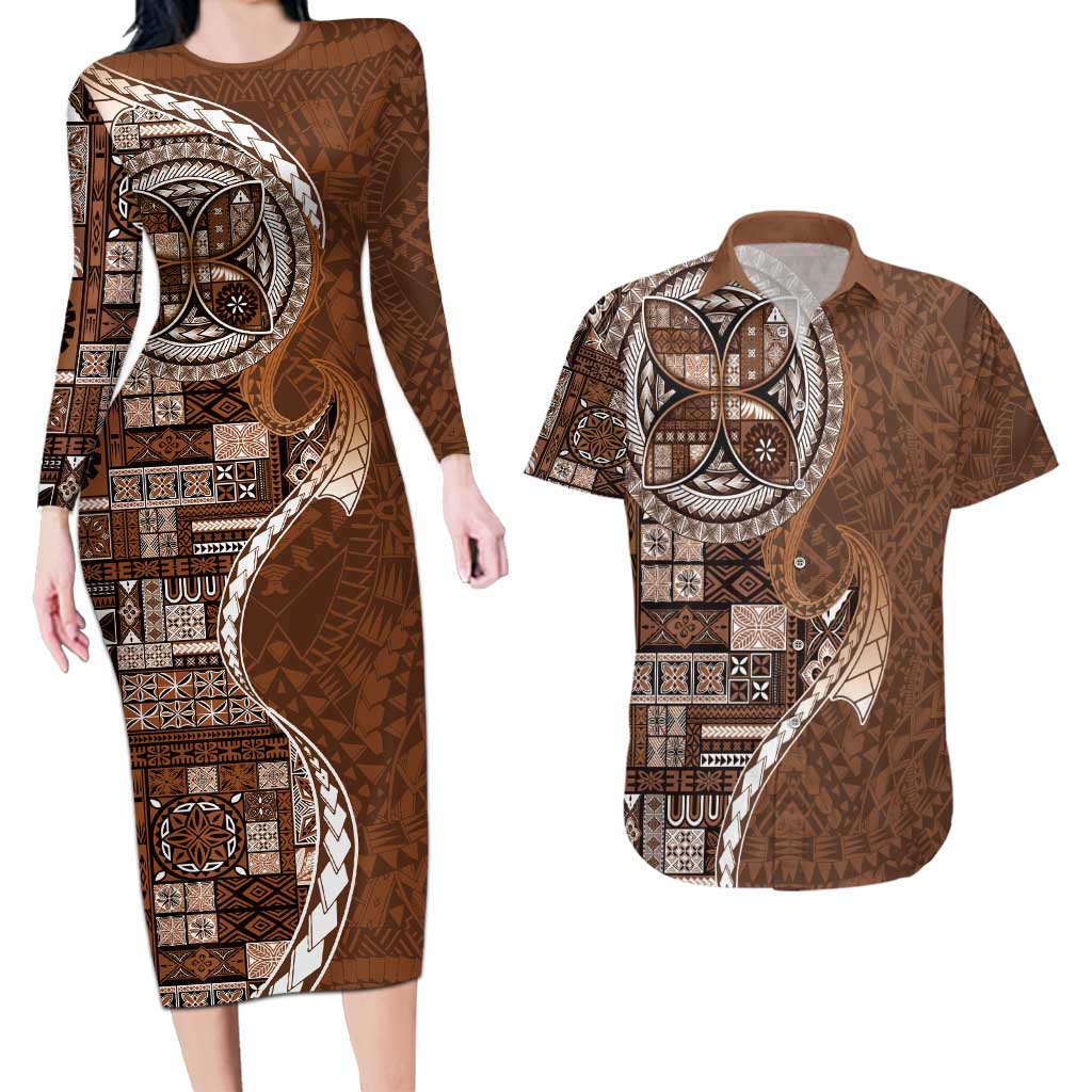 Samoan Siapo Art Tattoo Polynesian Pattern Couples Matching Long Sleeve Bodycon Dress and Hawaiian Shirt Brown Color LT03 Brown - Polynesian Pride