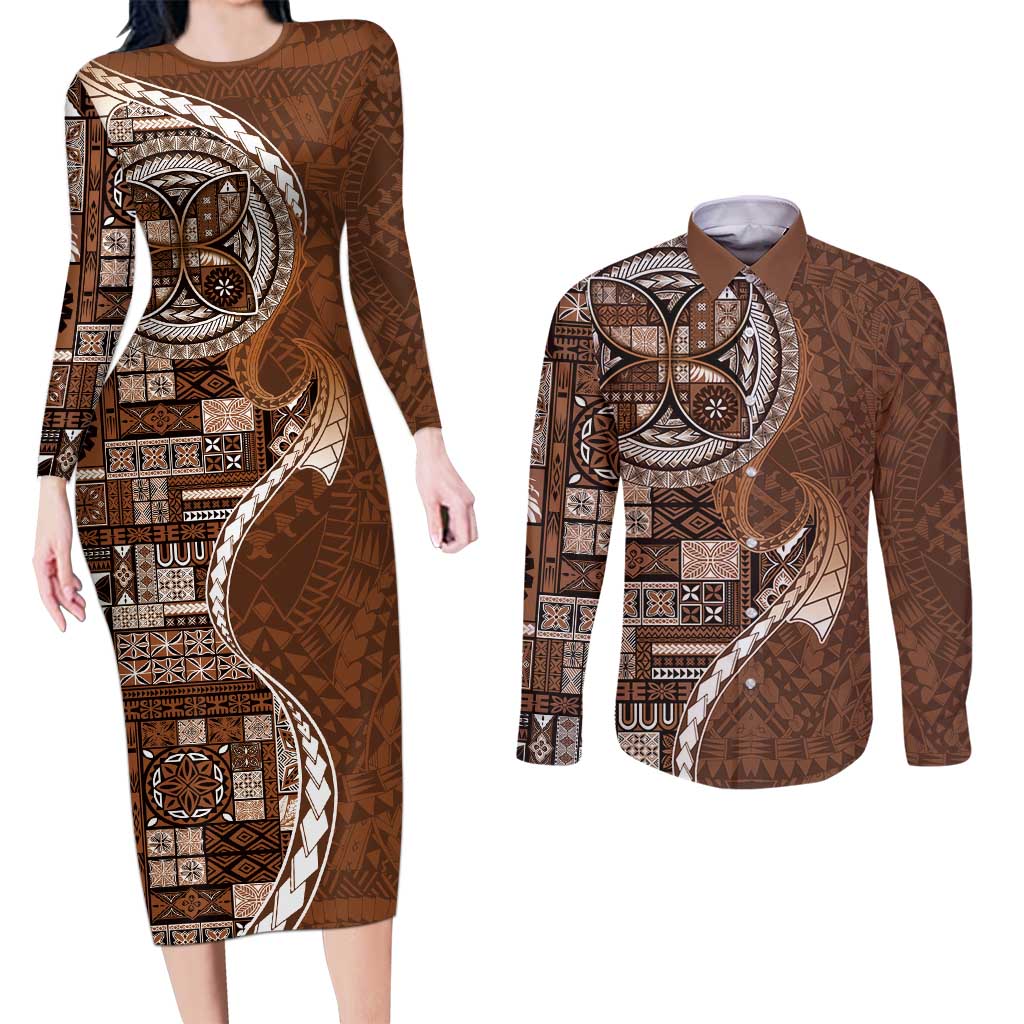 Samoan Siapo Art Tattoo Polynesian Pattern Couples Matching Long Sleeve Bodycon Dress and Long Sleeve Button Shirt Brown Color LT03 Brown - Polynesian Pride