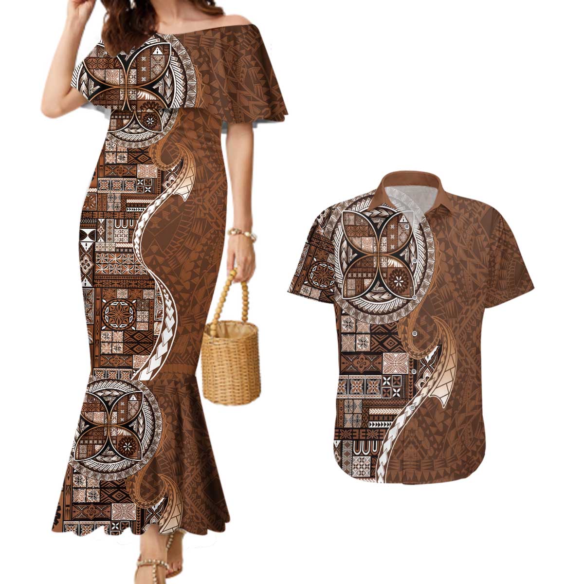 Samoan Siapo Art Tattoo Polynesian Pattern Couples Matching Mermaid Dress and Hawaiian Shirt Brown Color LT03 Brown - Polynesian Pride