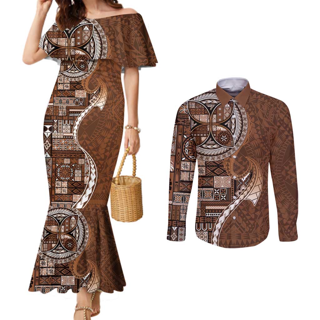 Samoan Siapo Art Tattoo Polynesian Pattern Couples Matching Mermaid Dress and Long Sleeve Button Shirt Brown Color LT03 Brown - Polynesian Pride