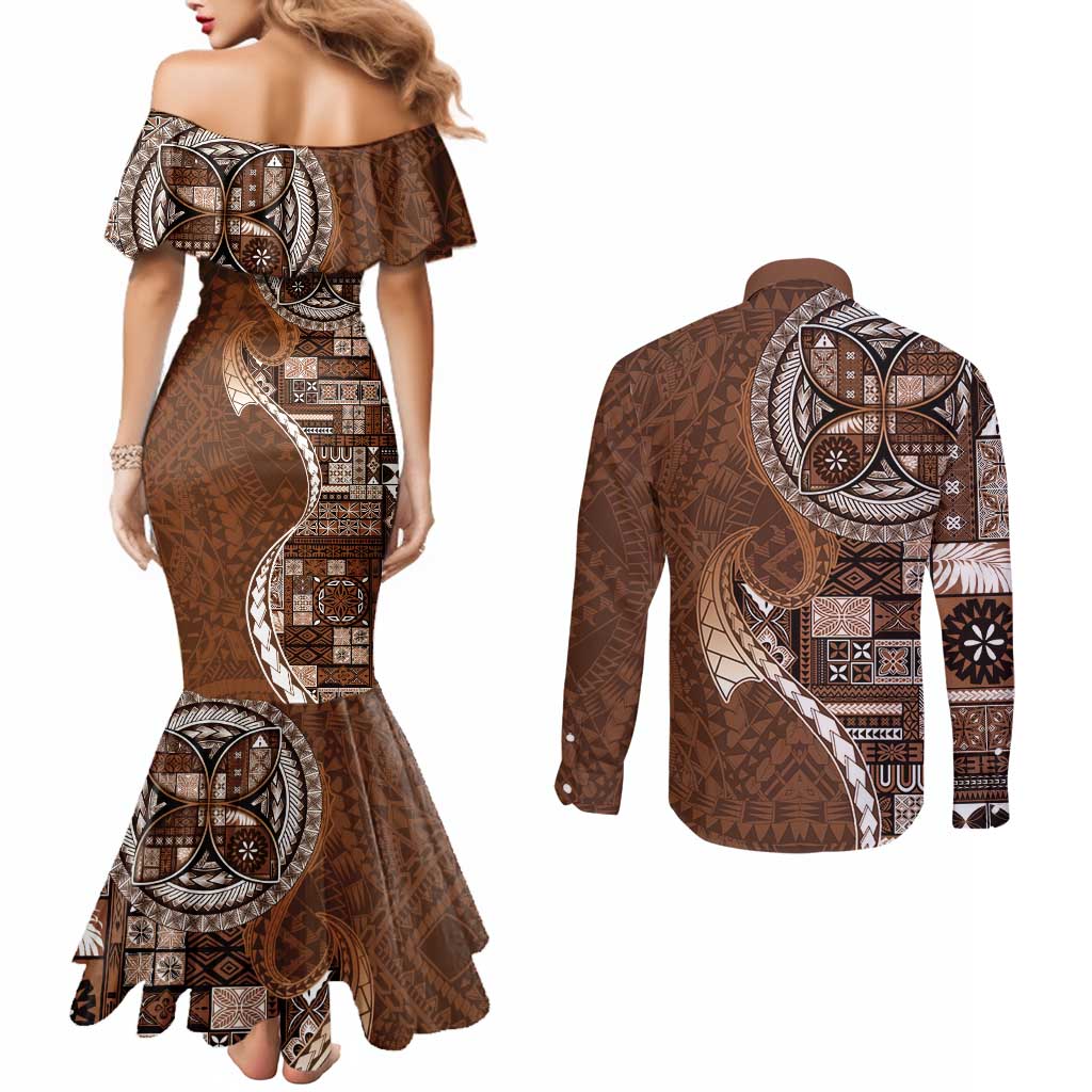 Samoan Siapo Art Tattoo Polynesian Pattern Couples Matching Mermaid Dress and Long Sleeve Button Shirt Brown Color LT03 - Polynesian Pride