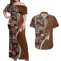 Samoan Siapo Art Tattoo Polynesian Pattern Couples Matching Off Shoulder Maxi Dress and Hawaiian Shirt Brown Color - Polynesian Pride