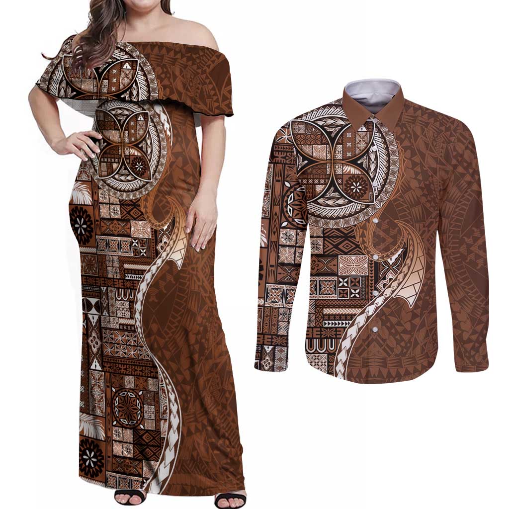 Samoan Siapo Art Tattoo Polynesian Pattern Couples Matching Off Shoulder Maxi Dress and Long Sleeve Button Shirt Brown Color LT03 Brown - Polynesian Pride