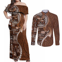 Samoan Siapo Art Tattoo Polynesian Pattern Couples Matching Off Shoulder Maxi Dress and Long Sleeve Button Shirt Brown Color LT03 Brown - Polynesian Pride