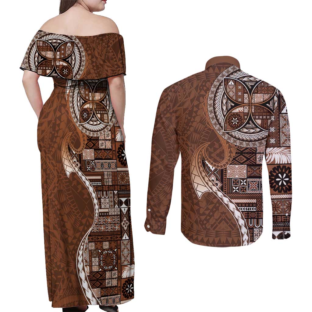 Samoan Siapo Art Tattoo Polynesian Pattern Couples Matching Off Shoulder Maxi Dress and Long Sleeve Button Shirt Brown Color LT03 - Polynesian Pride