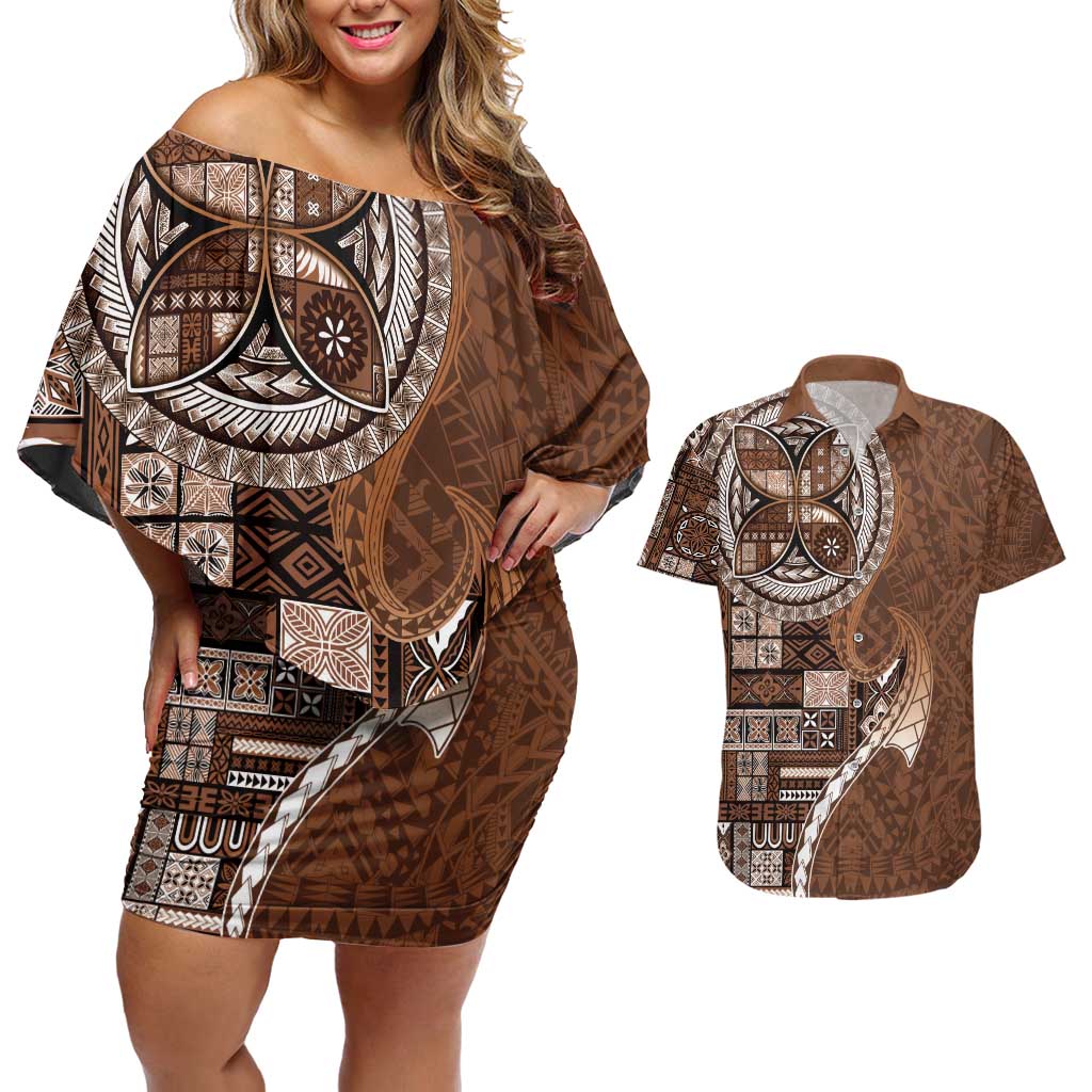 Samoan Siapo Art Tattoo Polynesian Pattern Couples Matching Off Shoulder Short Dress and Hawaiian Shirt Brown Color LT03 Brown - Polynesian Pride