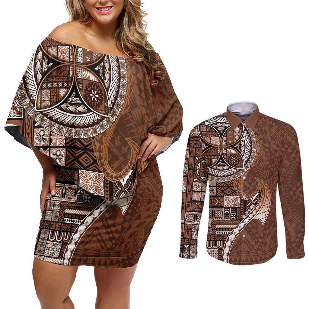 Samoan Siapo Art Tattoo Polynesian Pattern Couples Matching Off Shoulder Short Dress and Long Sleeve Button Shirt Brown Color LT03 Brown - Polynesian Pride