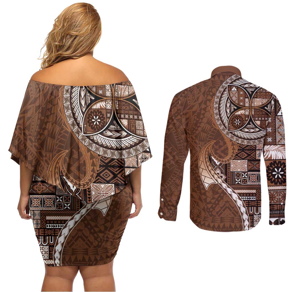 Samoan Siapo Art Tattoo Polynesian Pattern Couples Matching Off Shoulder Short Dress and Long Sleeve Button Shirt Brown Color LT03 - Polynesian Pride